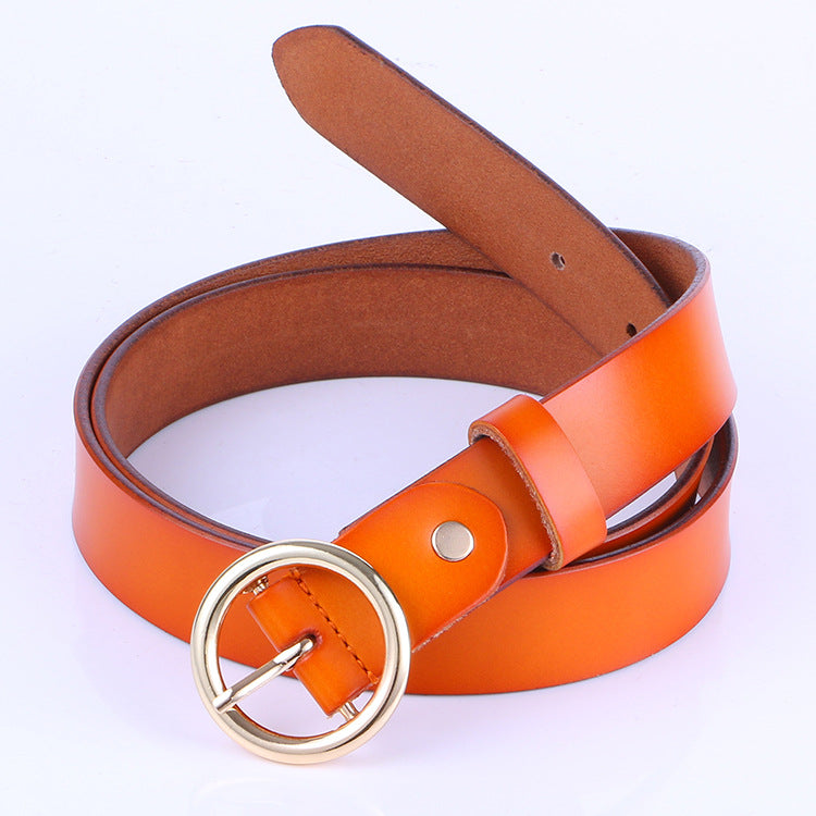 La nouvelle ceinture rétro en cuir pur pour femme, ceinture en cuir à boucle ronde, ceinture fine pour femme.