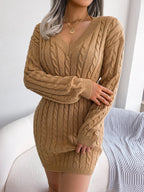 Robe en tricot à manches longues et col en V de couleur unie, style mode, cintrée, robe de hanche, vêtements pour femmes