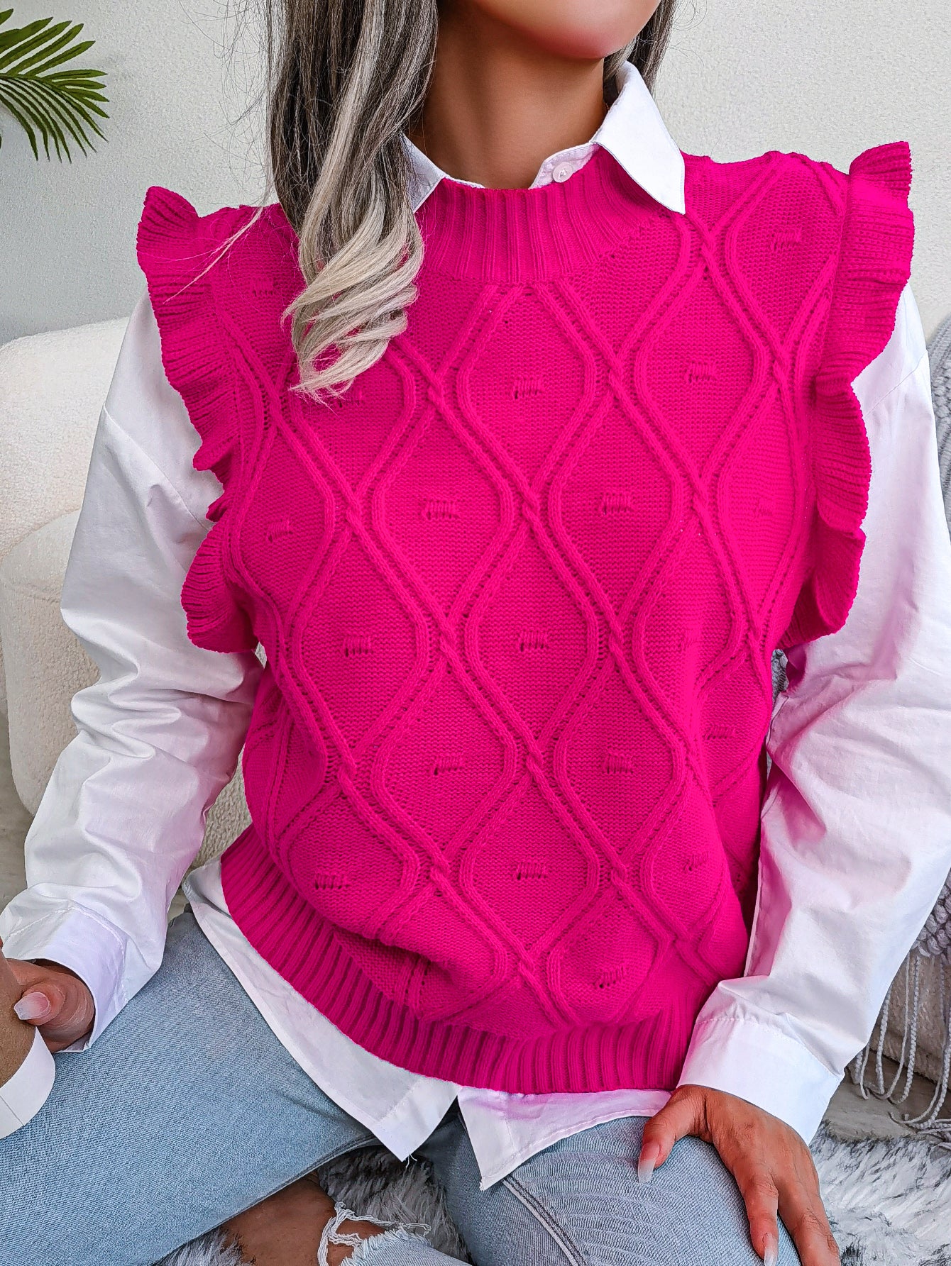 Gilet pull en maille diamant à volants pour femme