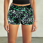 Short chaud femme élégant amincissant avec imprimé original et blocs de couleurs