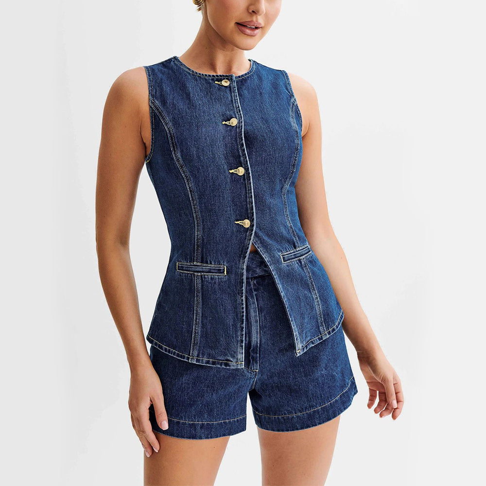 Ensemble short et top gilet boutonnés sans manches en jean pour femme, vêtement décontracté d'été