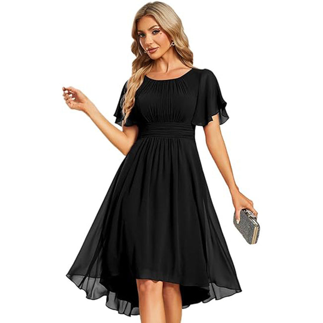 Robe de soirée élégante plissée à manches courtes et col rond pour femme Hover Image