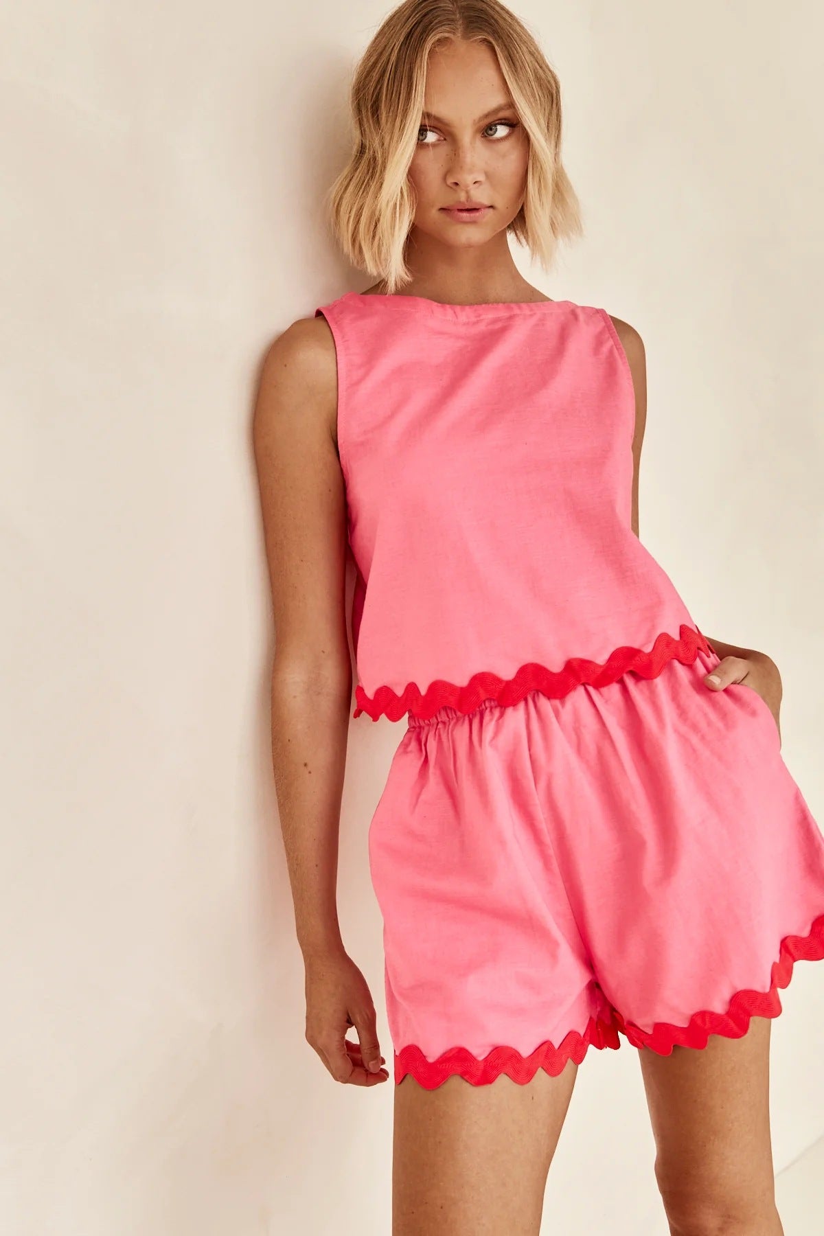 Ensemble Imprimé New Wave Débardeur Sans Manches Et Short Confortable Décontracté Couleur Unie 2 Pièces Pour Vêtements Femme