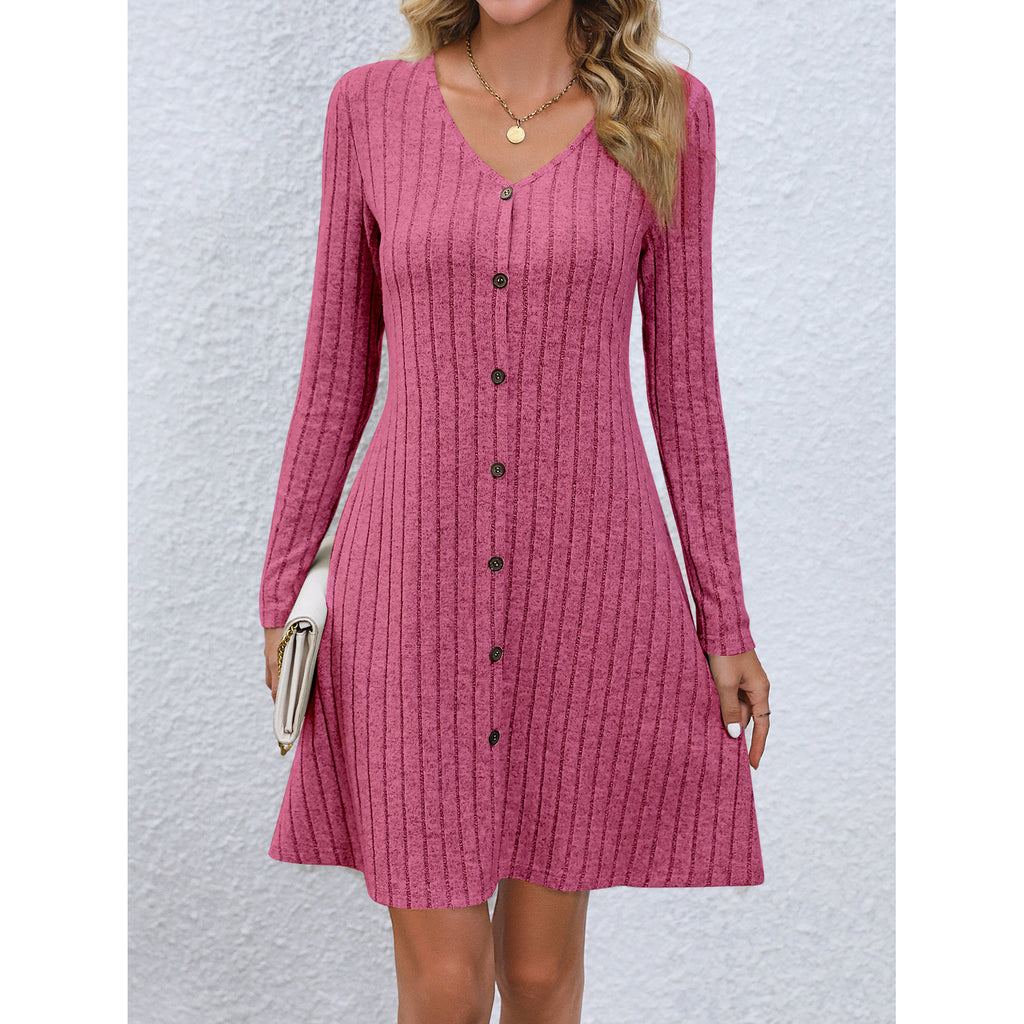 Robe longue à col en V et manches longues avec boutons et taille ajustée, vêtement féminin ajusté