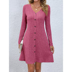 Robe longue à col en V et manches longues avec boutons et taille ajustée, vêtement féminin ajusté