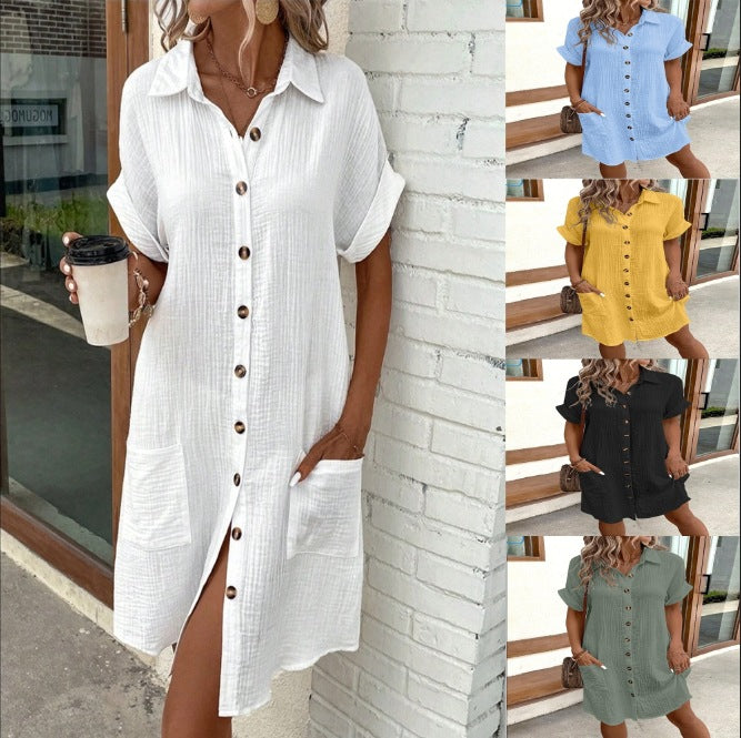 Robe chemise d'été à manches courtes, mode, couleur unie, boutonnage simple, longueur moyenne, ample
