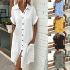Robe chemise d'été à manches courtes, mode, couleur unie, boutonnage simple, longueur moyenne, ample