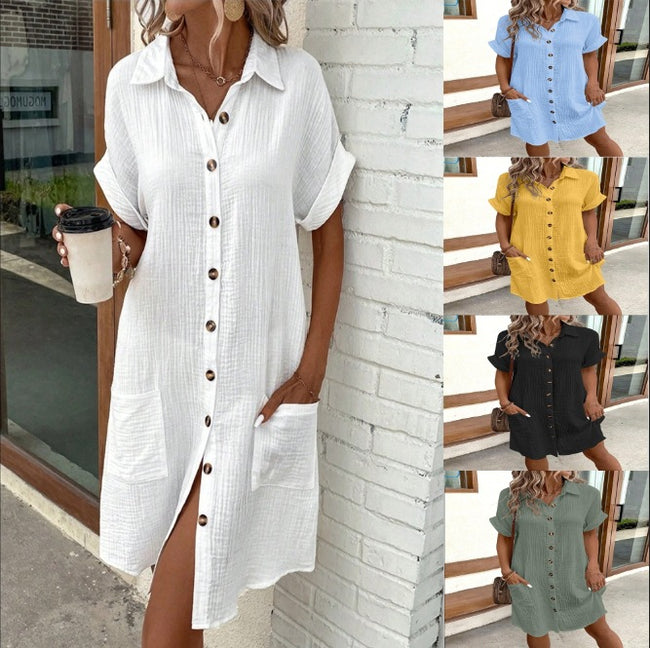 Robe chemise d'été à manches courtes, mode, couleur unie, boutonnage simple, longueur moyenne, ample Hover Image