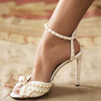 Chaussures de mariage pour femmes, sandales à perles et bout ouvert