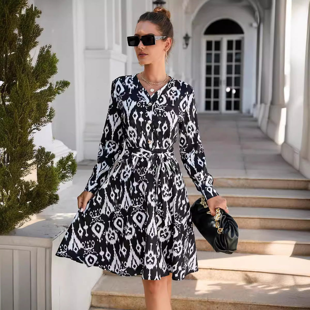 Summer Printing Long Sleeve Big Hem Dress