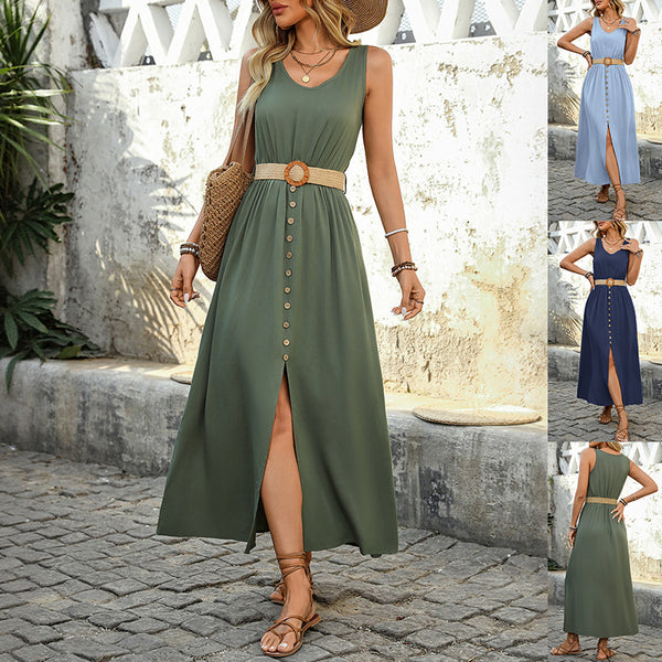 Robe longue d'été sans manches à col rond et fente avec boutons, de couleur unie, tendance, pour la plage, pour femmes