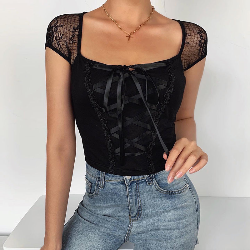 T-shirt sexy à bretelles et laçage pour femme