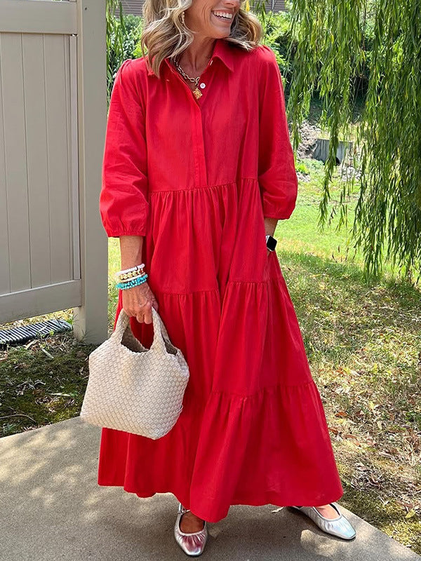 Robe ample décontractée à revers, manches mi-longues et grand tombé