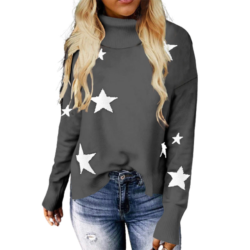 Pull tricoté pour femme, motif XINGX, col roulé, manches longues
