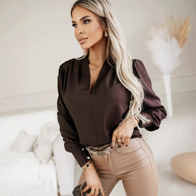Chemisier col en V uni pour femme, style urbain chic Main Image