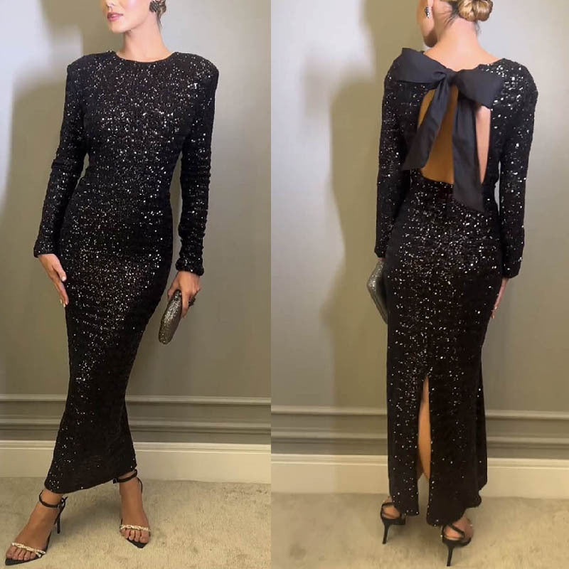 Robe de soirée sexy dos nu à paillettes pour femme automne hiver