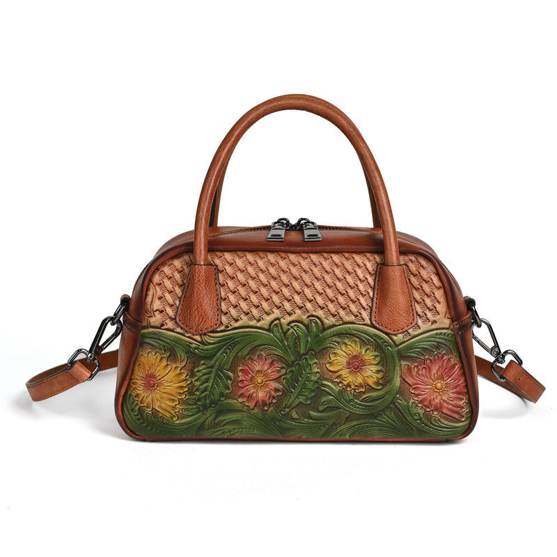 Sac à bandoulière en cuir pleine fleur, style ethnique rétro, pour femmes