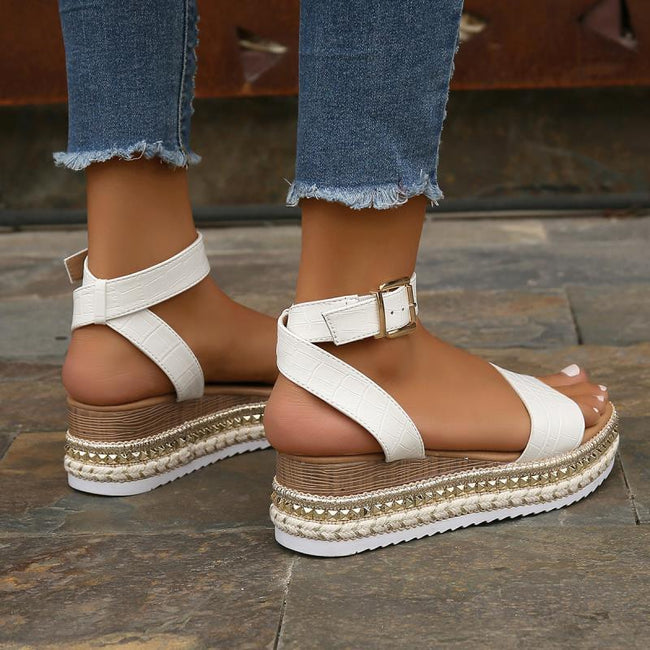 Sandales d'été à bride boucle en chanvre compensées à plateforme bout ouvert pour femmes Main Image