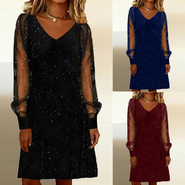 Robe élégante pour femme Col en V Manches en maille brillantes et lumineuses Mini-robes pour femmes Robe de soirée noire d'automne et d'hiver