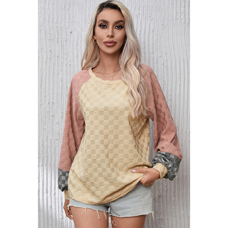 Pull ample en maille texturée à carreaux pour femmes
