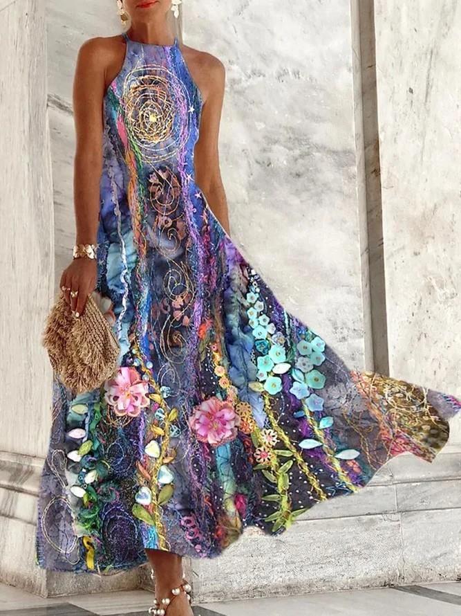 Robe longue confortable sans manches pour femme, à motif porcelaine bleue et blanche