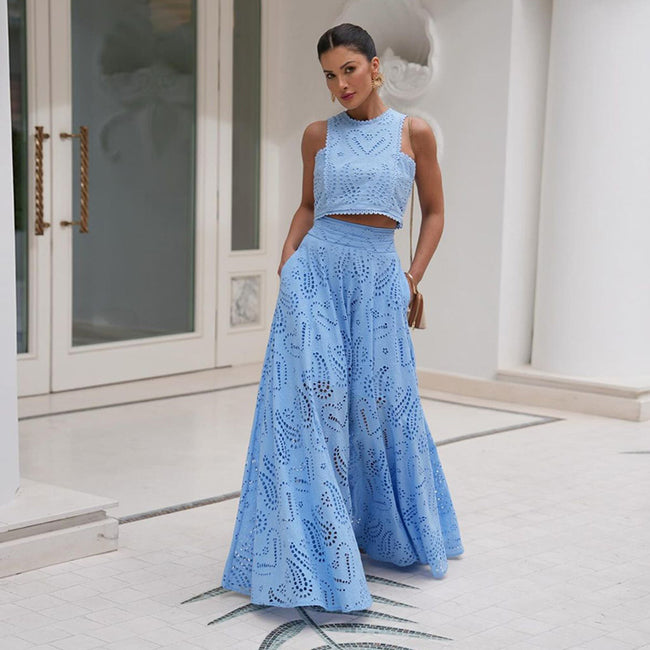 Élégance Vêtement Féminin Robe Longue sans Manches Broderie Dentelle Combinaison de Vacances Ensemble Deux Pièces Main Image