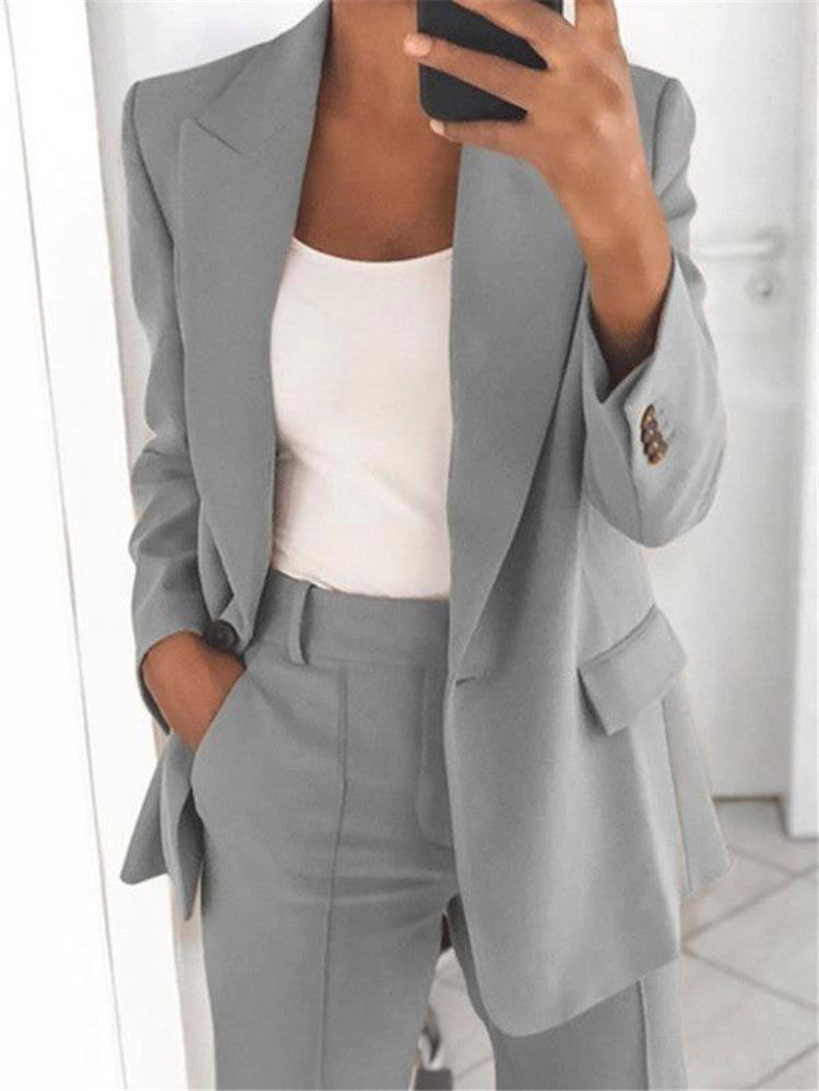 Vêtements pour femmes : Ensemble décontracté Ins avec blazer à revers, manches longues et pantalon slim à poches