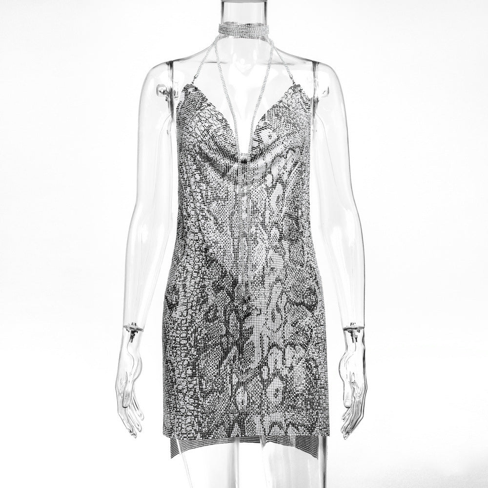 Robe Métallisée à Paillettes et Strass Femme