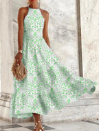 Robe longue confortable sans manches pour femme, à motif porcelaine bleue et blanche