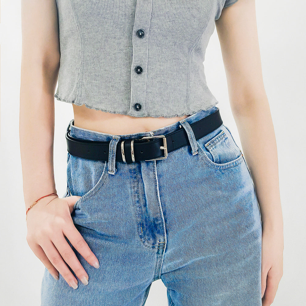 Ceintures Homme et Femme Style Simple Décontracté Rétro Boucle Carrée Argentée Métal Tête de Bouton Mode Assortie