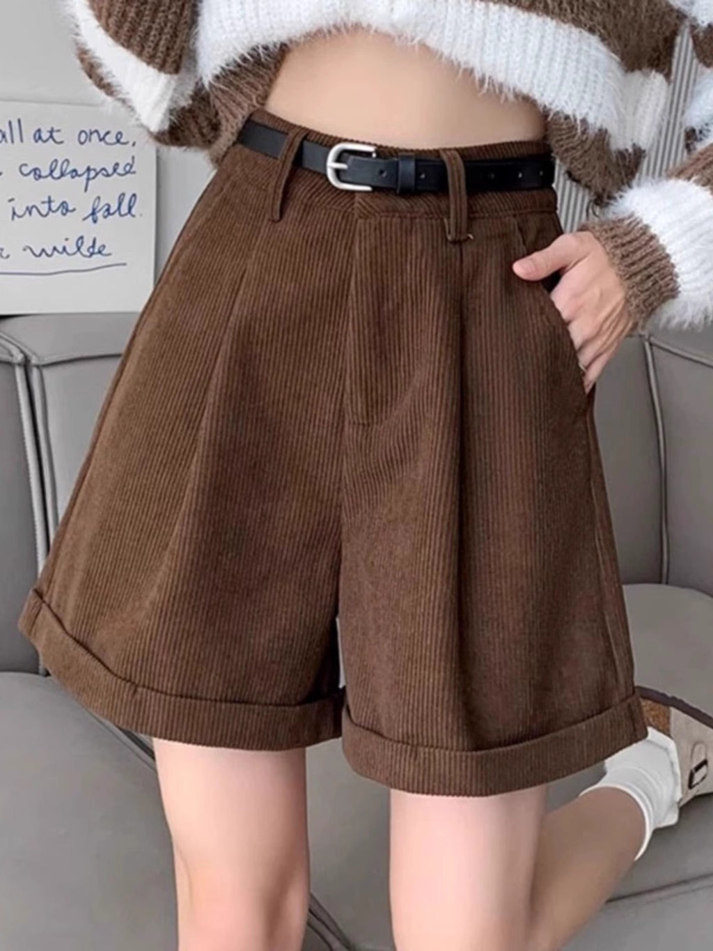 Shorts En Velours Côtelé Marron Tendance Pour Femmes