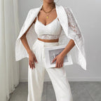 Blazer décontracté blanc brodé de dentelle pour femme