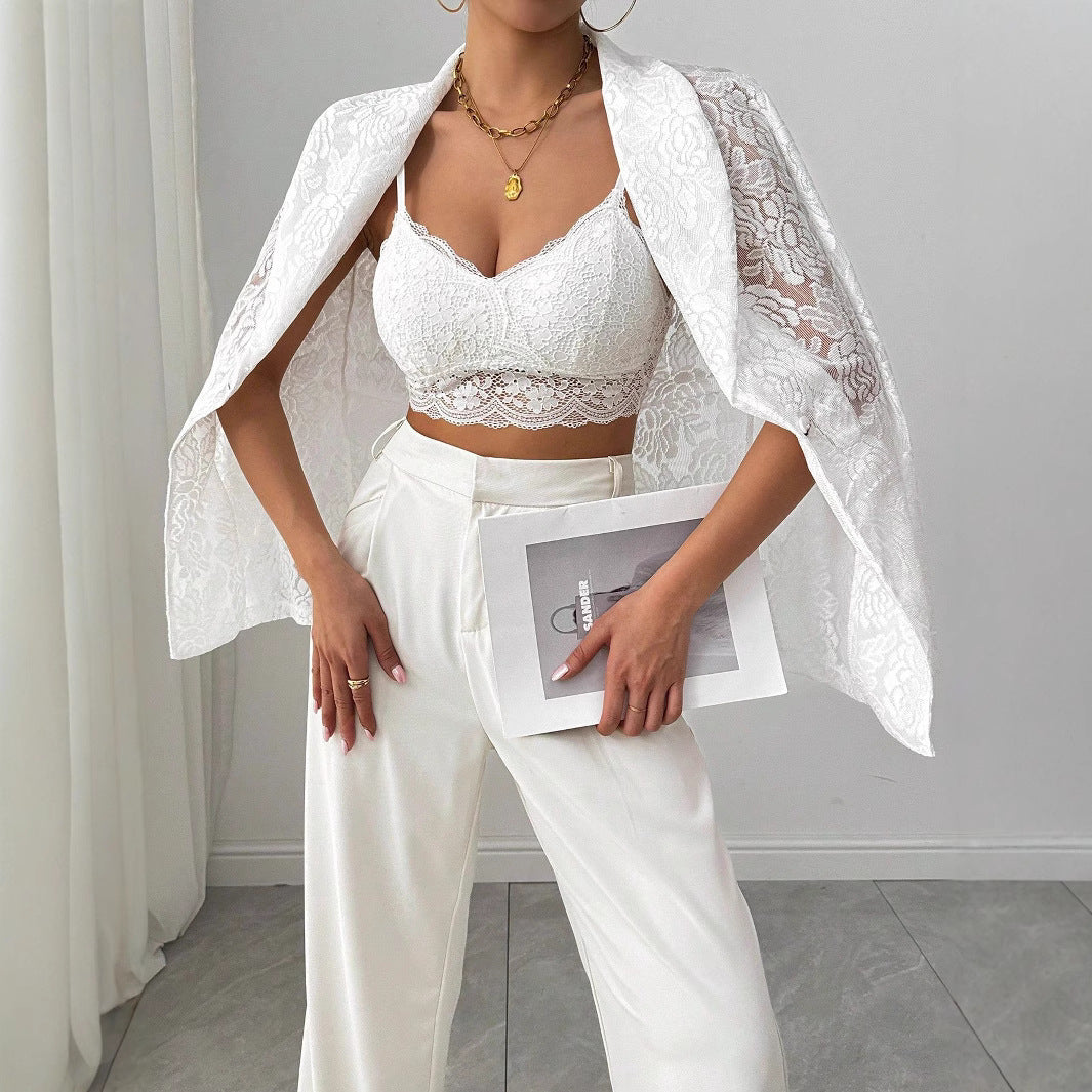 Blazer décontracté blanc brodé de dentelle pour femme
