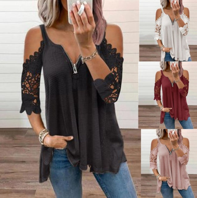 Chemise sexy d'été pour femme, manches courtes, dentelle, fermeture éclair décontractée Main Image