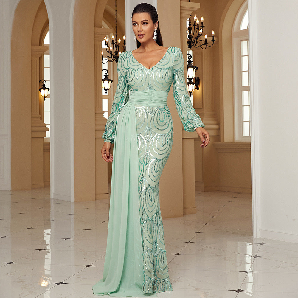 Robe de soirée longue à sequins, manches longues, col en V, avec ruban
