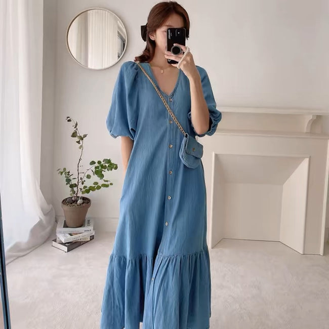 Robe Courte en Jean à Manches Courtes en Tissu Lotus Décontractée Main Image
