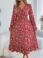 Robe longue élégante à col en V croisé avec motif floral, taille ajustée et ourlet à volants pour femme