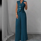 Ensemble de vêtements d'été sans manches pour femmes, avec veste à revers boutonnée et pantalon plissé droit.