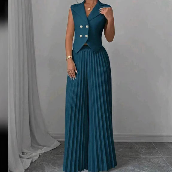 Ensemble de vêtements d'été sans manches pour femmes, avec veste à revers boutonnée et pantalon plissé droit.