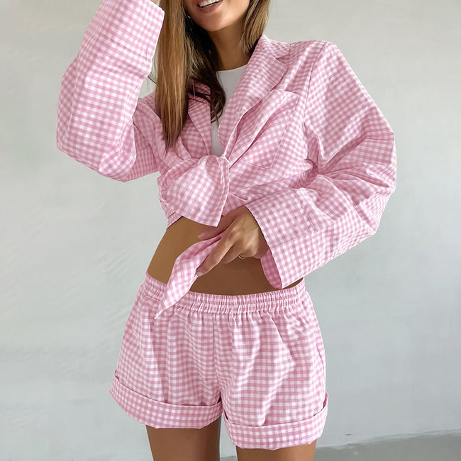 Ensemble deux pièces décontracté européen et américain, chemise à carreaux ample et short à carreaux Main Image