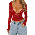 Ensemble deux pièces de lingerie camisole en dentelle transparente pour femme avec haut à manches longues