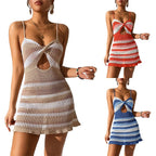 Robe Courte Tricotée à Bretelles Fines pour Femme, Motif Rayures, Crochete, Découpes, Idéale pour Soirées, Plage, Cocktails, Boîtes de Nuit