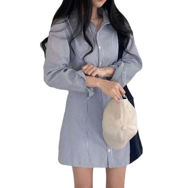 Robe chemise à rayures à manches longues boutonnée pour femme