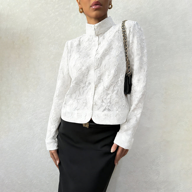 Chemisier en dentelle à la mode pour femme, style cardigan avec col montant Hover Image