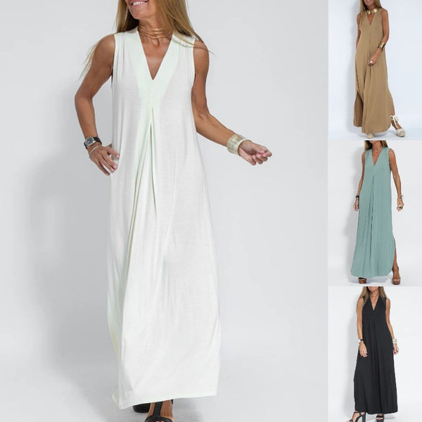 Nouveau costume pour femmes avec robe sans manches col en V de couleur unie et gilet cardigan long