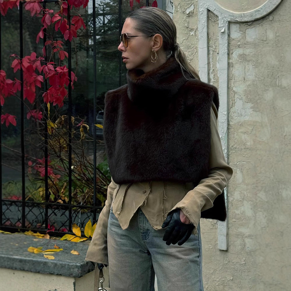 Nouveau gilet en fourrure sans manches à demi-col roulé de couleur unie pour femmes