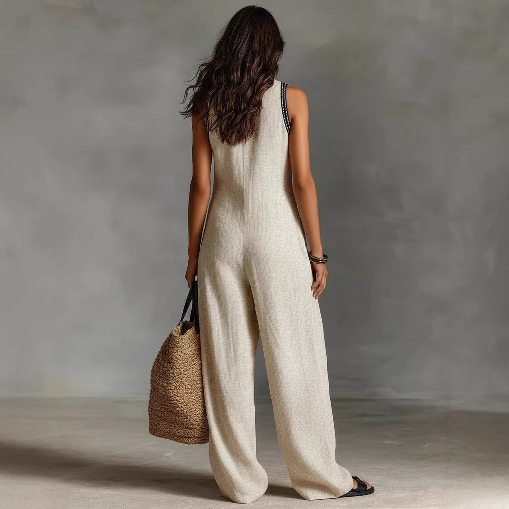 Combinaison sans manches simple en lin mélangé pour femme
