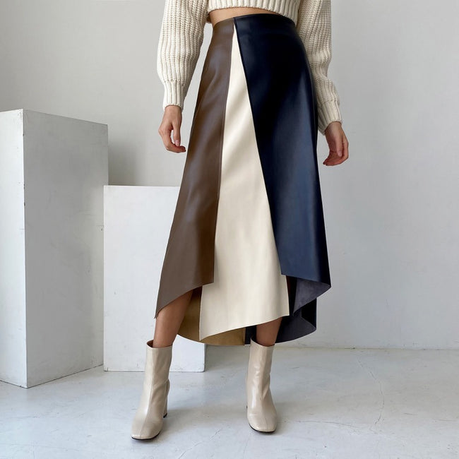 Jupe en cuir multicolore à la française style mosaïque et tempérament rétro Hover Image