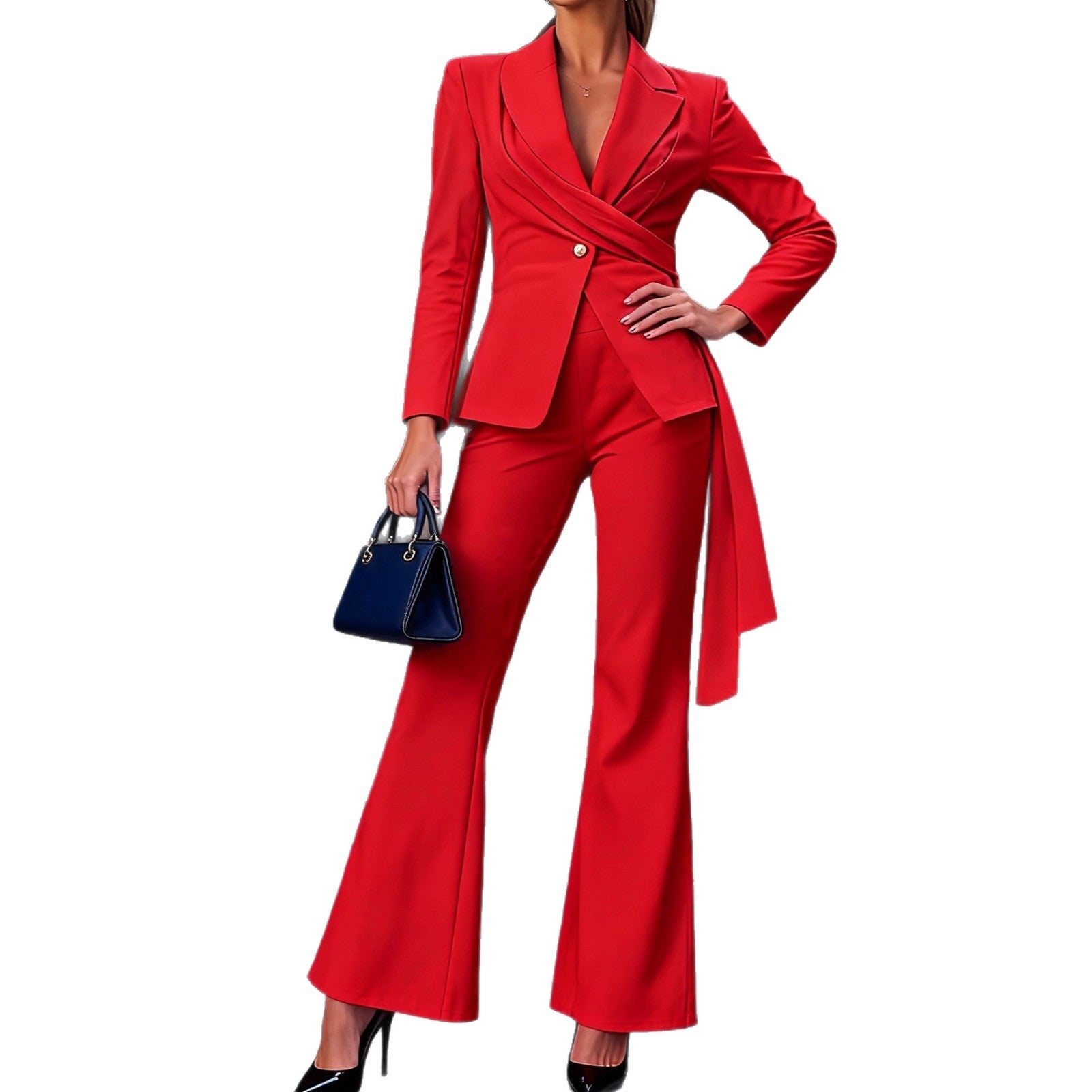 Ensemble tailleur pantalon évasé ceinturé à taille cintrée et un bouton