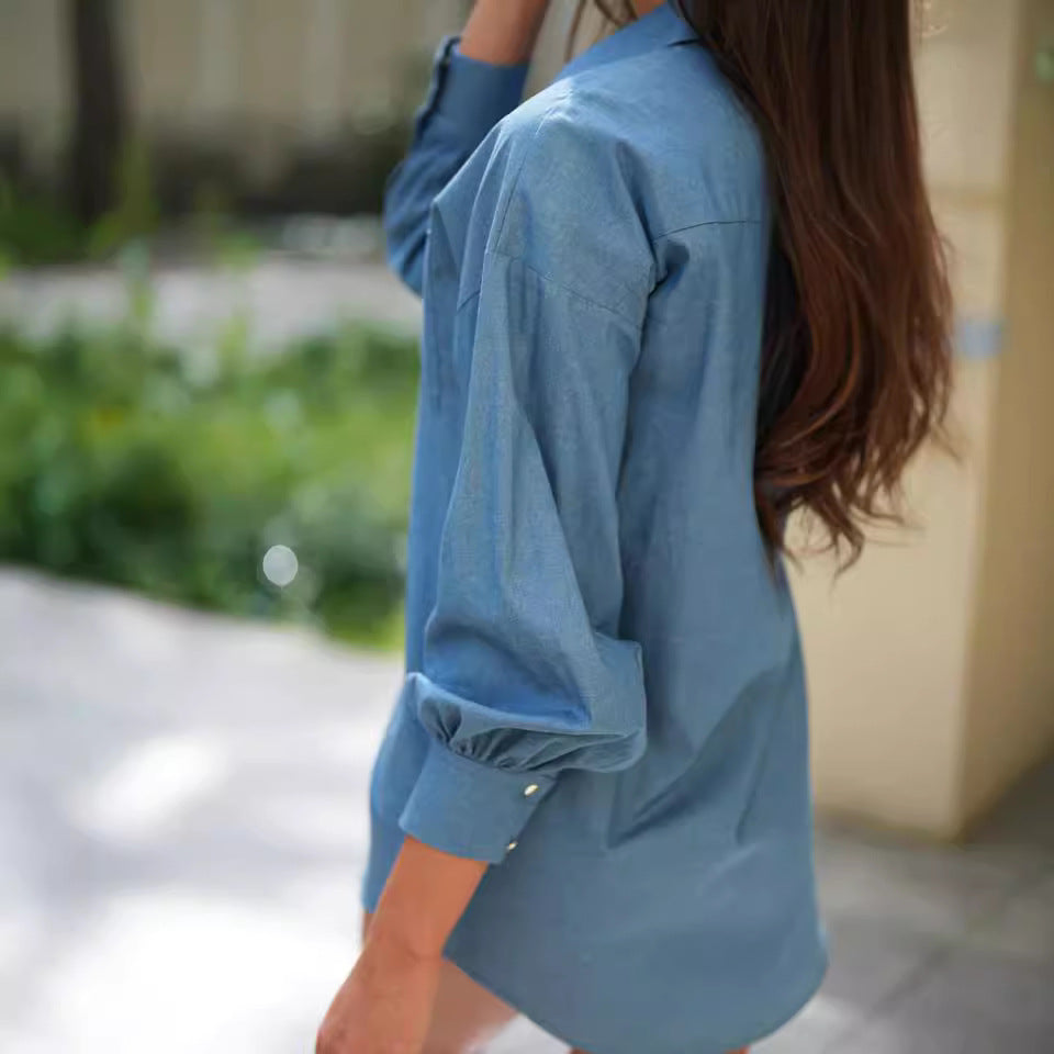 Chemise simple à manches longues boutonnée pour femme